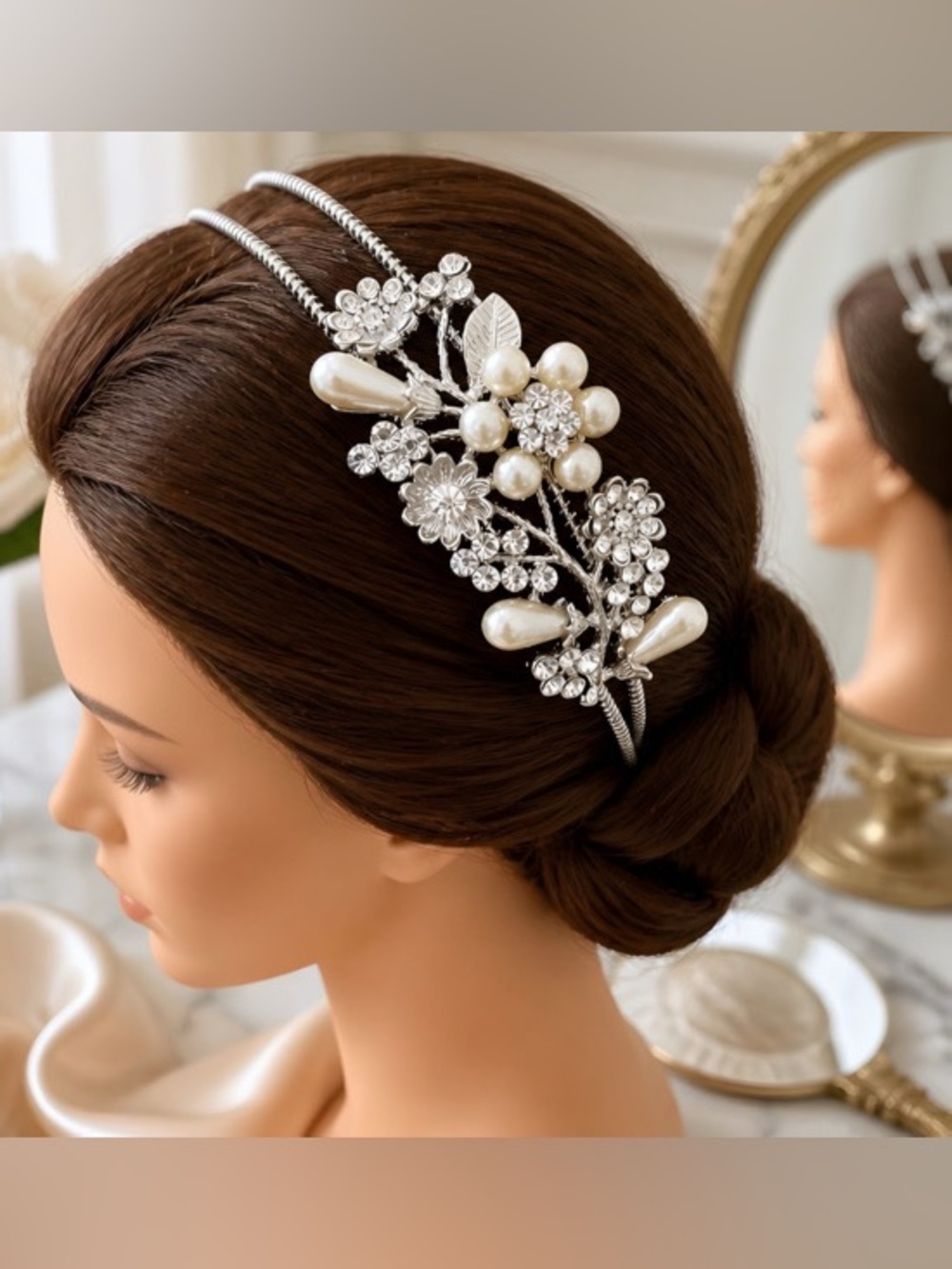 Elegant Silver-tone Faux Pearl & Crystal Floral Headband